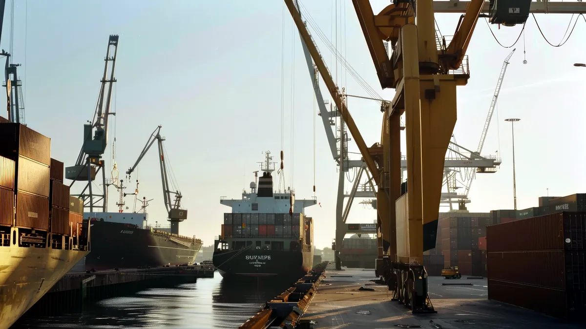 Cargo ships wait at a working port while cranes lift steel containers.