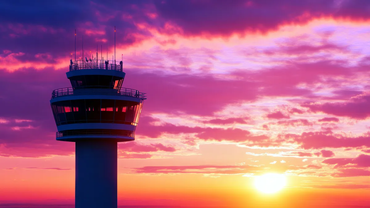 An airport control tower stands over parked planes in the last light of day.