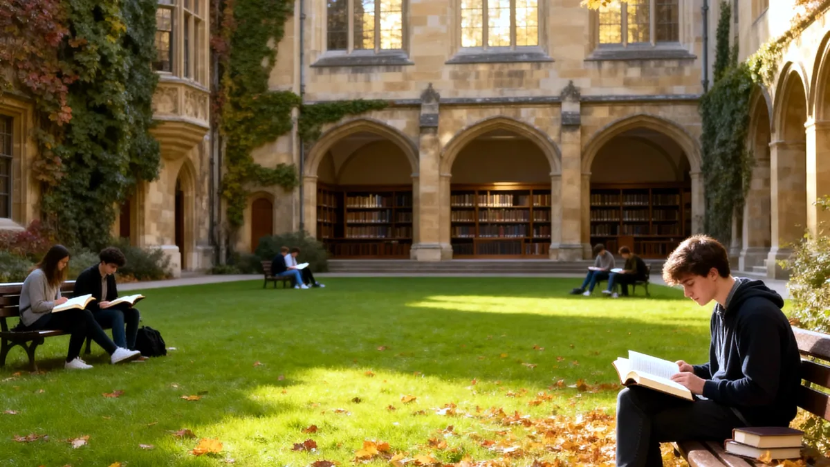 A stone university library opens onto a quiet courtyard of old plane trees.