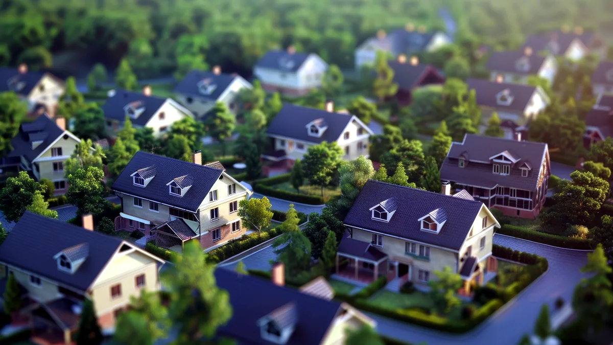 Rows of new housing blocks rise beside a tree lined avenue in a suburb.