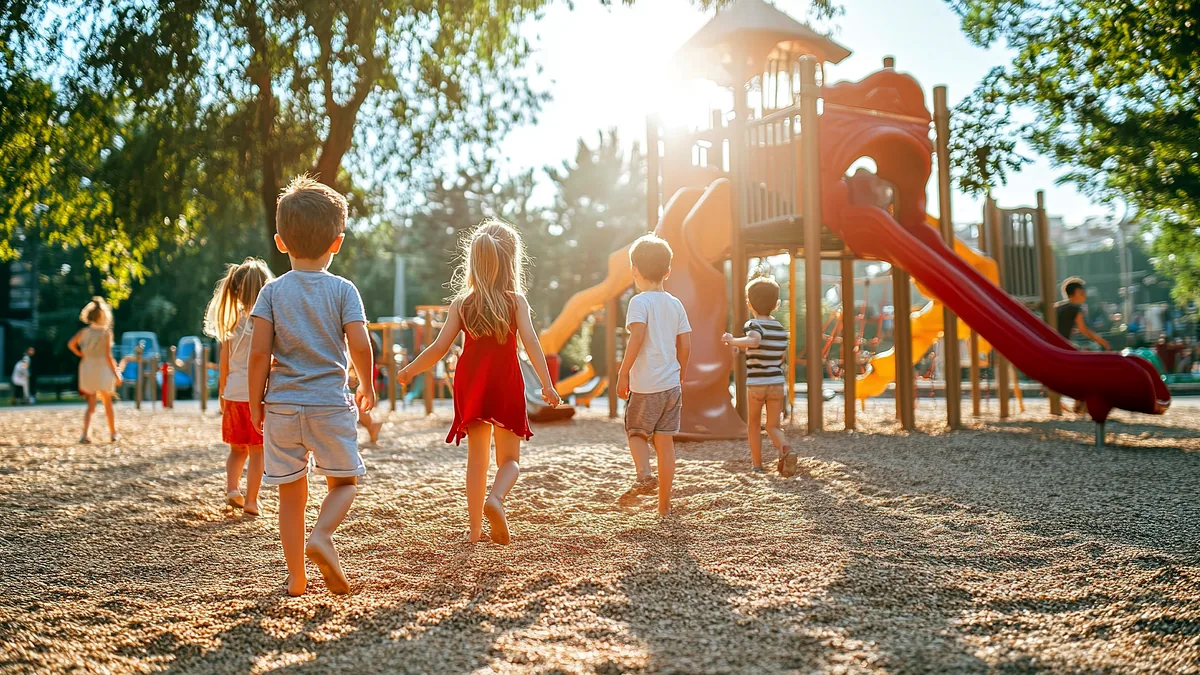 Children run across a playground while long summer shadows stretch across the ground.