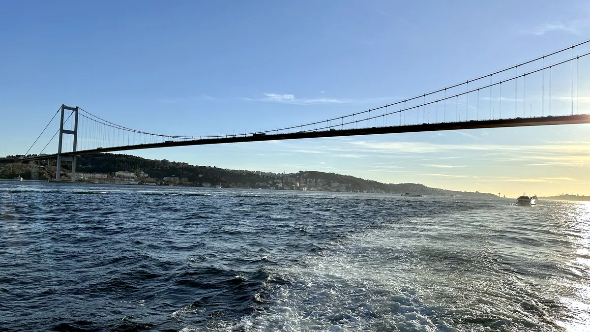 A bridge spans the Bosphorus with Istanbul rooftops lining both shores.